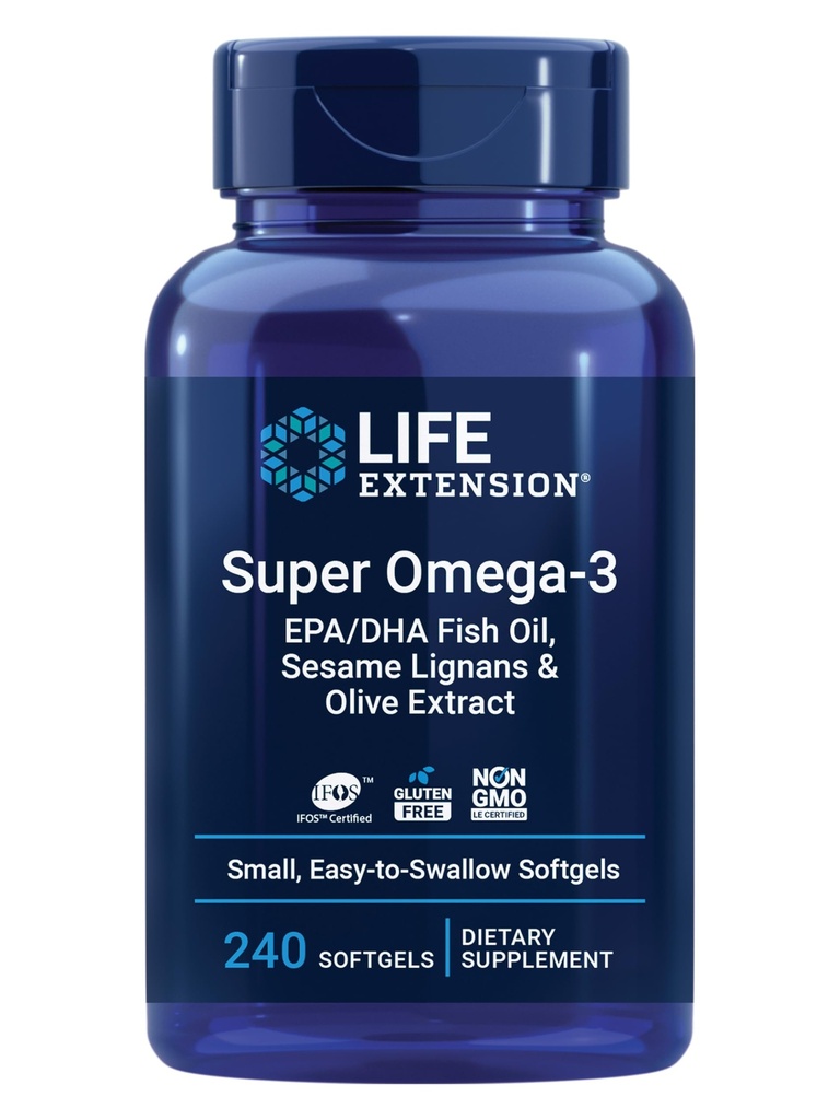 Life Extract Super Omega-3 EPA / DHA Fish Oil, Sezame Lignans & Olive Extract - Heart Health, Brain Health, Inflativity Health Support, Gluten- Free, Easy to Swallow, Non-GMO, 240 Softgels