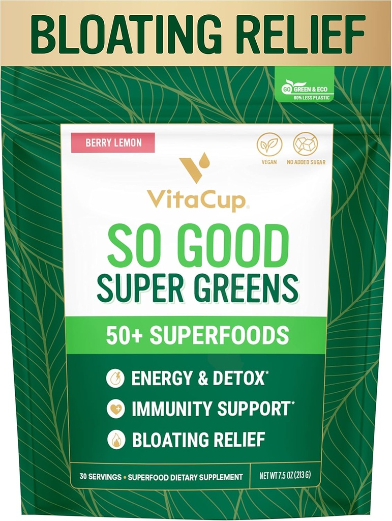 VitaCup Tak dobre Super Zielone Proszek w / 50 + Premium Superfoods, Energia Boost, Detox, Immunitet w / Probiotyki, Prebiotyki, Włókno, Antyoksydanty, Adaptogeny, Spirulina, Berry Lemon, 30 Służenia