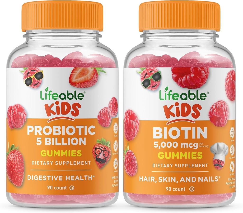 Żywe Probiotyki 5 Miliard dzieci + Biotin dzieci, Gummies Bundle - Great Desting, Suplement witaminy, Gluten Free, GMO Free, Gummy do żucia