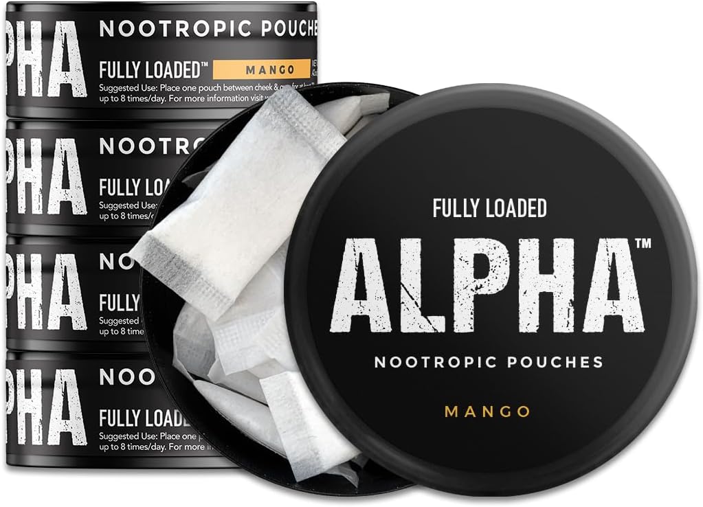 W pełni załadowane Pouches Alpha Nootropic (Mango) - 5 Puszek - 15 Pouches per can -Effective Nootropic Delivery, Nic Pouch Replacement - Szybsza absorpcja, Alpha GPC, L- Tyrosine, GABA