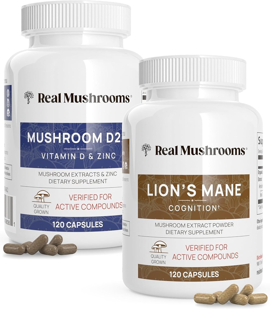 Real Mushrooms Witamina D2, Cynk, Chaga, Reishi (120ct) i Lwie 's Mane (120ct) Bundle - Immunitet i wsparcie kognitywne, Chelated Cynk dla poprawy absorpcji - Wegan, Gluten Free, Non-GMO