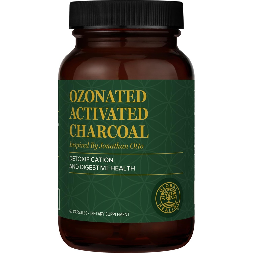 Global Healing Center - Ozonated Activated Charcoal Powder - Zaawansowany Detox Digestive, który adsorbuje wewnętrzne niechciane mieszanki - Pomaga Relieve Ocasional Gas Discomfort - 60 Aktywowane pigułki węgla