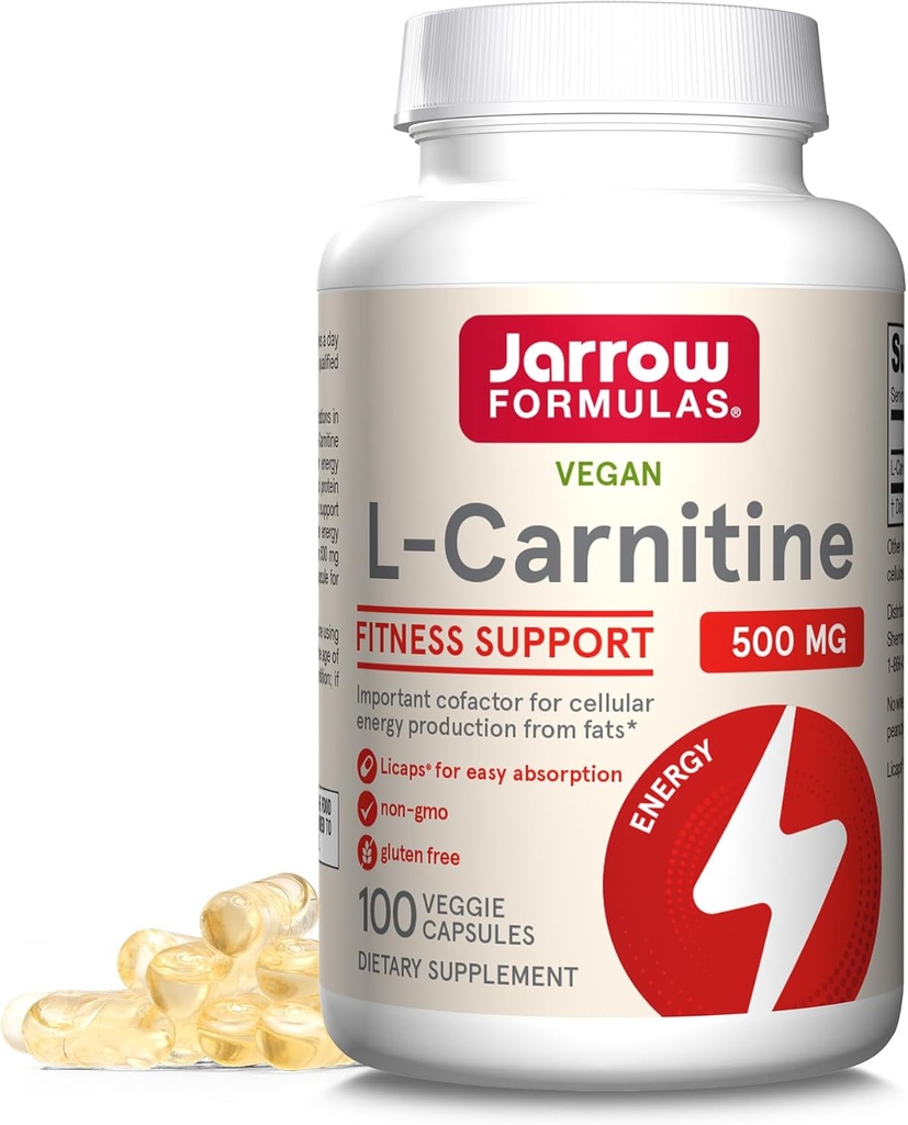 Jarrow Fixas L- Carnitine 500 mg - 100 Veggie Licaps - Ważny koczynnik produkcji energii (ATP) od Tłuszczów - Wegan - Do 100 Sług