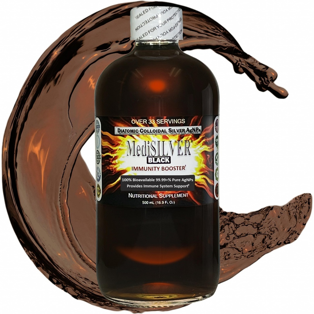MediSILVER Black Immunitet Booster Diatomic True Colloidal Silver AgNP Nutricent - 500 ml w przezroczystej szklanej butelce
