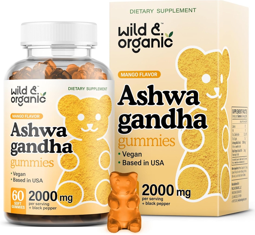 Wild & Organic Ashwagandha Gummies 2000mg - Mood Supplement Supplement in / Ashwagandha Root Extra Strength - Natural Calm Supplements Gummies - 60 Vegan, Non-GMO Chews