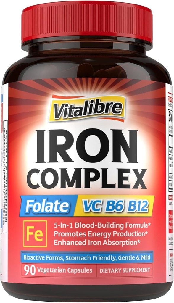 Żelazo Suplement dla Kobiet i Mężczyzn, z witamin C, B6, B12 & Folate dla niedoboru żelaza, Blood Building & Energy Support, Stomach Friendly, Lepsza absorpcja, Non-GMO, No gluten, 90 Vegan Caps