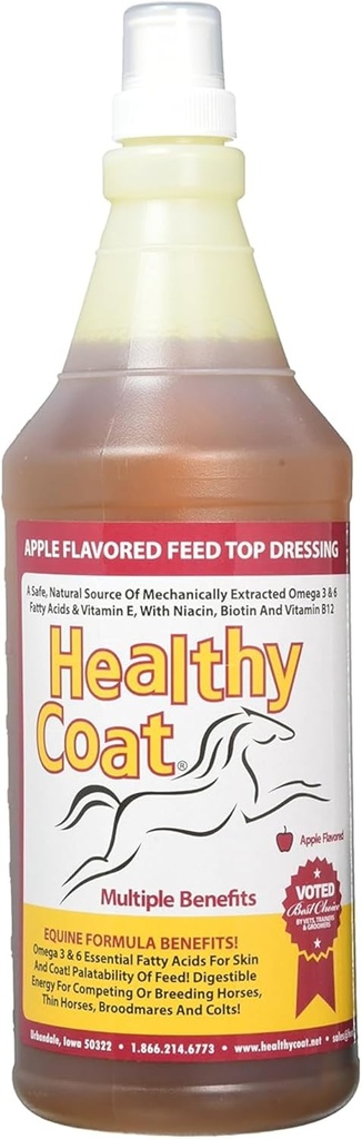 HealthyCoat Horse Supplement 32 oz - All- Natural Omega 3 & 6 Sukienka karmowa do błyszczącego płaszcza, zdrowej skóry, kopyt i łączników - Ufortyfikowany z Biotin, B12, Lecytyna i witamina E - Aromat jabłkowy