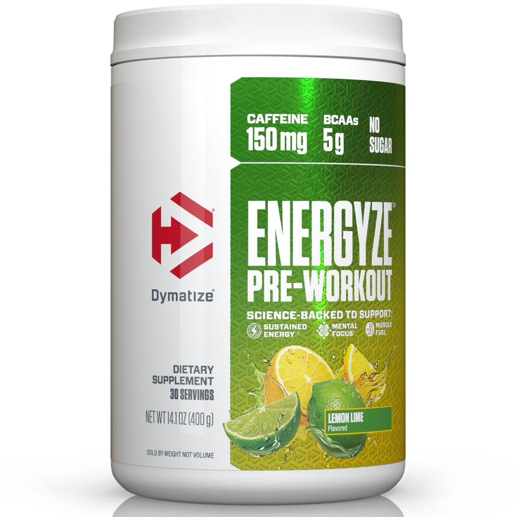 Dimatize Energyze Pre Workout Proszek dla mężczyzn i kobiet, Lemon Lime Flavor, 150mg Kofeina, 5g BCAA, Mieszanka Performance L- Theanine, L- Tyrozyna, L- Citrulina, No Sugar, 30 Służenie