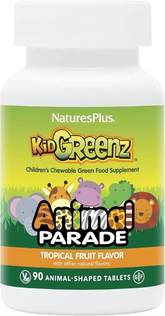 NaturesPlus Animal Parade KidGreenz, Tropical Fruit Flavor - 90 Animal- Shaped, Chewable Tablets - Opakowanie 2 - z Broccoli & Szpinach - wegetarianin, Gluten Free - 180 Razem Sługi