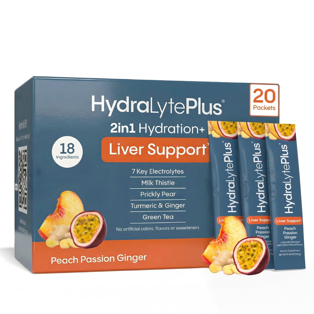 Hydralyte Liver Support + Electrolyte Mix with Milk Thistle, Turmeric, Ginger, Printer Pear, Green Tea Extract Preparted for Rapid Rehydration (Peach Passion Ginger, 20 Pakiety)