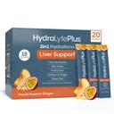 Hydralyte Liver Support + Electrolyte Mix with Milk Thistle, Turmeric, Ginger, Printer Pear, Green Tea Extract Preparted for Rapid Rehydration (Peach Passion Ginger, 20 Pakiety)