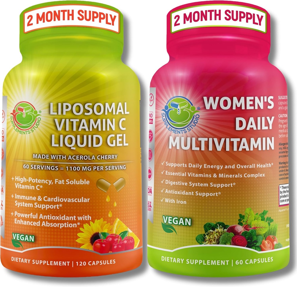 Immune Support Bundle - Witamina Liposomalna C 1100mg Płynny żel Kapsułki z organiczną Acerola Cherry & Vegan Daily Multivitamin z żelazem - Nie-GMO, Czyste Codzienne Wellness Wsparcie