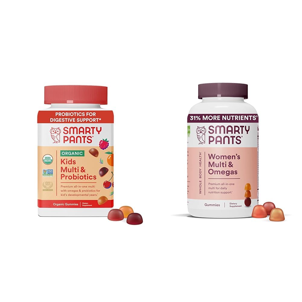 SmartPants Organic Kids Multivitamin Gummies: Probiotyki, Omega 3 (ALA), Witamina D3, C, Witamina B12 & Żeńskie Gummeje Multivitaminowe: Omega 3 Olej rybny (EPA / DHA), Metylofolan, CoQ10