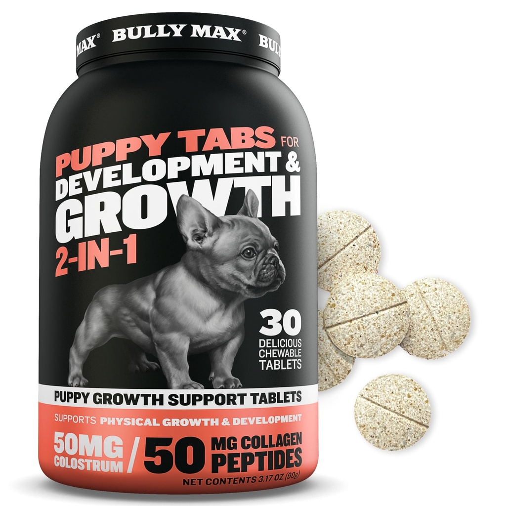 Bully Max 2-in-1 Puppy Witaminy - 30 Tabletki do żucia dla rozwoju i wzrostu szczeniąt - Leczenie psów, Witamina & Suplementy dla małych psów i dużych szczeniąt rośnie - Może być używany jako Topper żywności