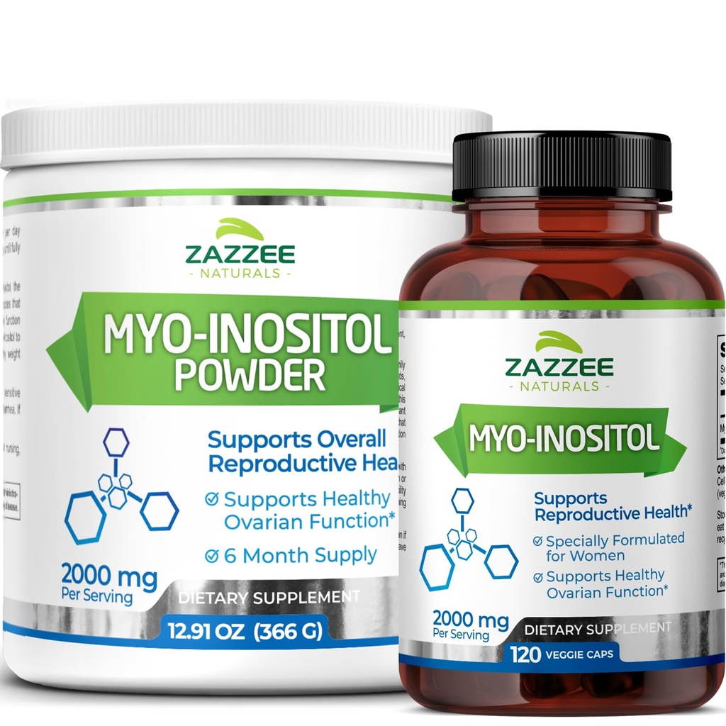 Zazzee Myo- Inozytol Kapsułki i Myo- Inozytol Proszek, 100% Czysty, Premium klasy, Wegan, Non-GMO i Wszystkie naturalne