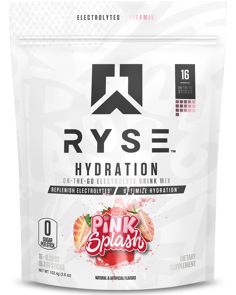 Ryse Hydration Electrolyte Powder Drink Mix Pakiety - Pink Splash - Bezcukrowe pełne spektrum Elektrolity z witamin esencjonalnych, Tauryna i Cholina do nawadniania - 16 Sticks Serving