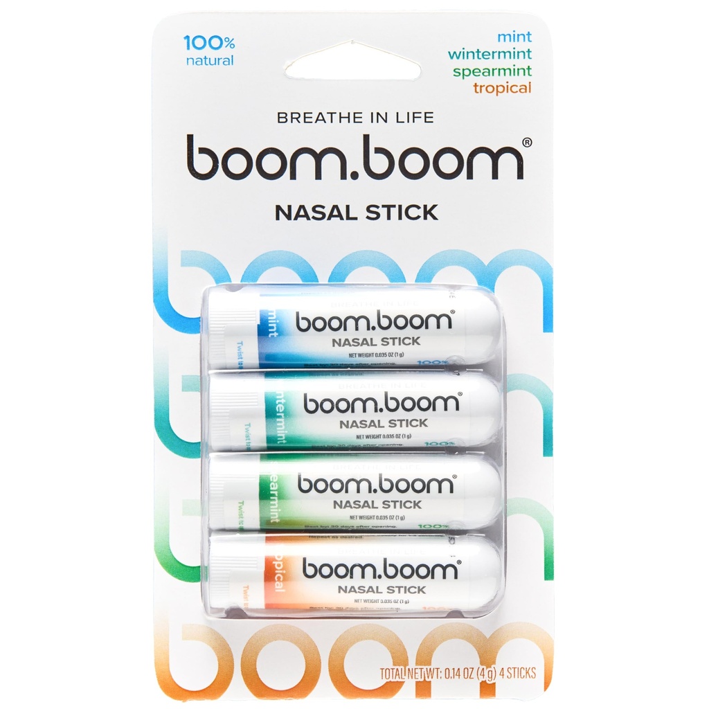 BoomBoom Nasal Stick Sign 124; Vapor Flow Technology 124; Cool Reforeing Sensation Sign 124; Natural Mood Boost Simple Ingredients Sign 124; Esential Oils + Menthol Inhaler (mięta, mięta wintermint, Tropikalny, Spearmint)