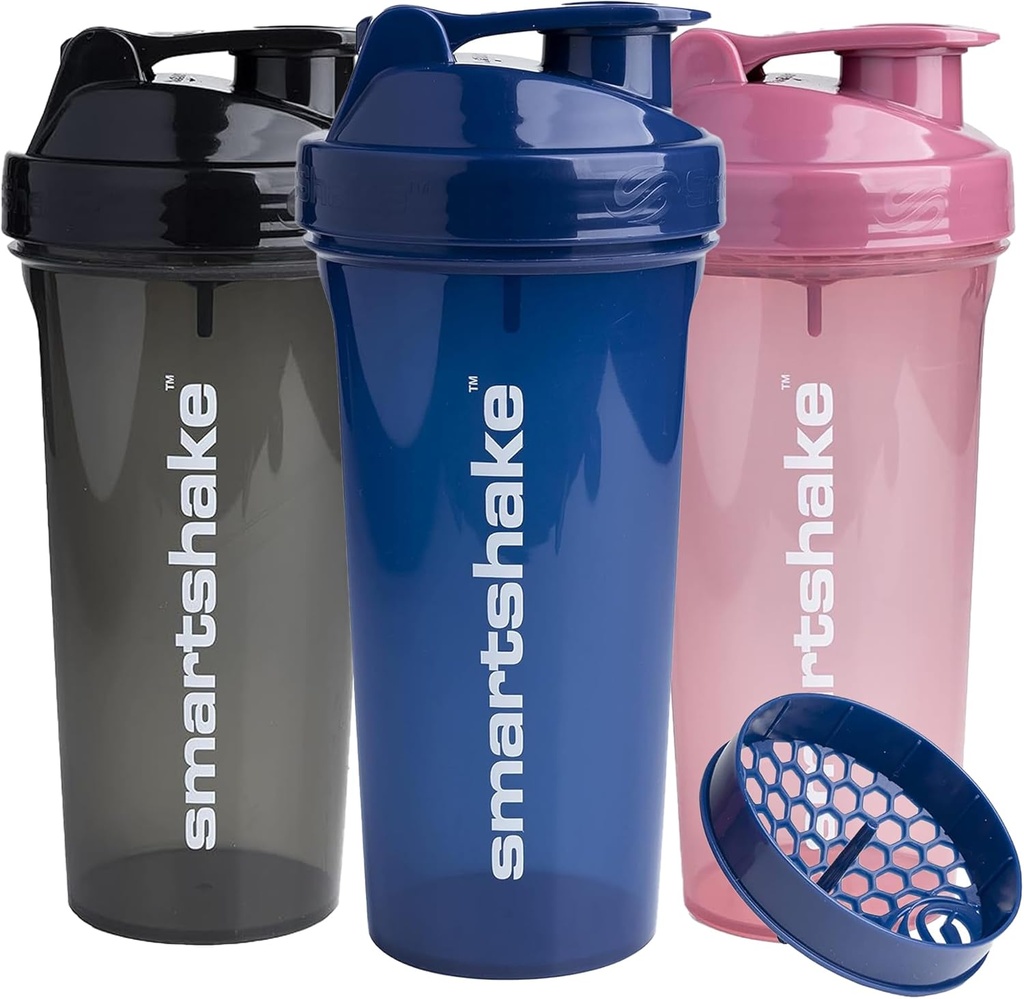 Smartshake Glossy 3- Pack Lite Protein Shaker Butelka 800 ml Xi124; 27 oz - Leakproof Screw- on Lid - BPA Free - Unisex - (Czarny, Głęboka Róża, Navy Blue)