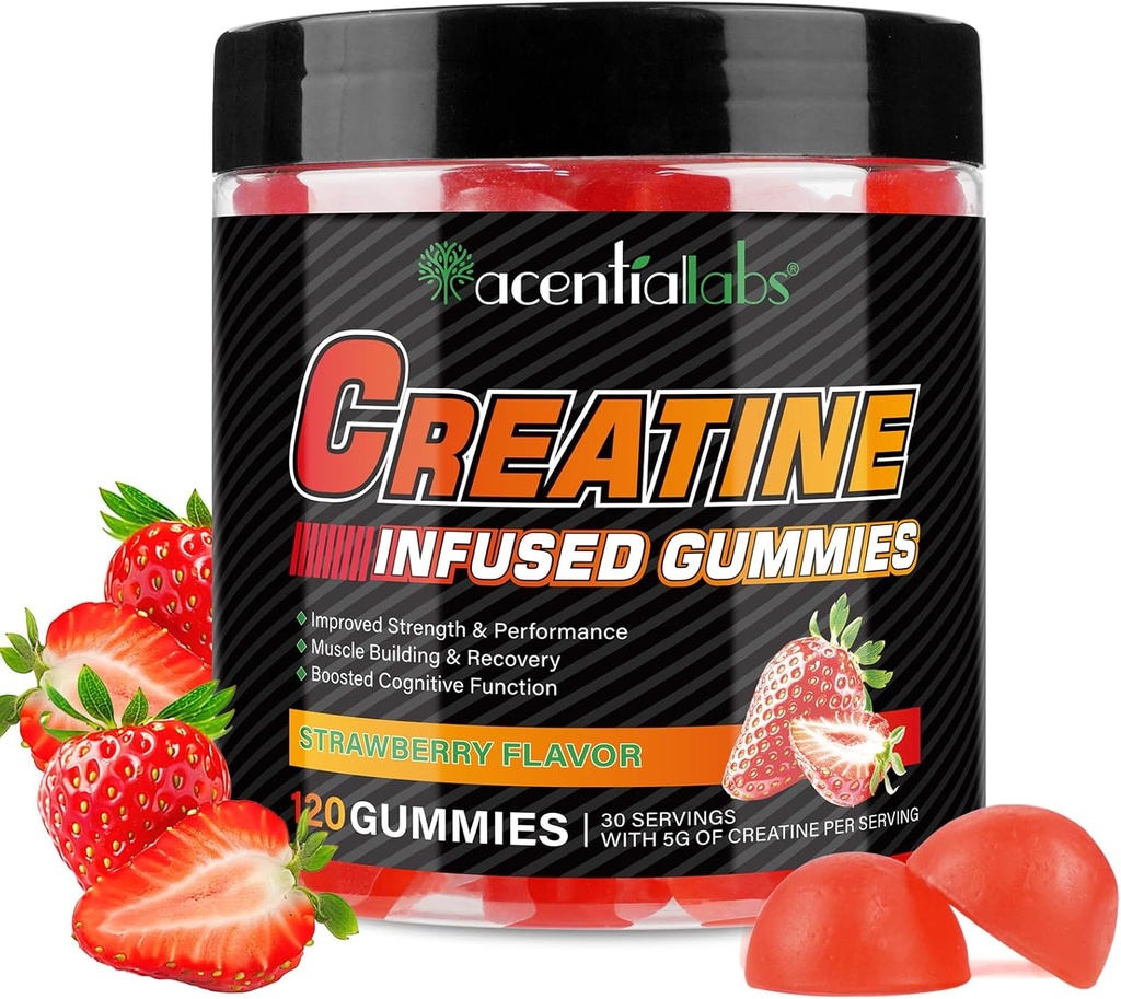 Monowodzian Gummies kreatynowy 5000mg dla mężczyzn i kobiet, Monowodzian kreatynowy, L- Tauryna, Witamina B12 dla wzrostu mięśni, Siła, Skupianie, Energia & Zdrowie, Cukier wolny, Wegan, Flavor truskawkowy, 120