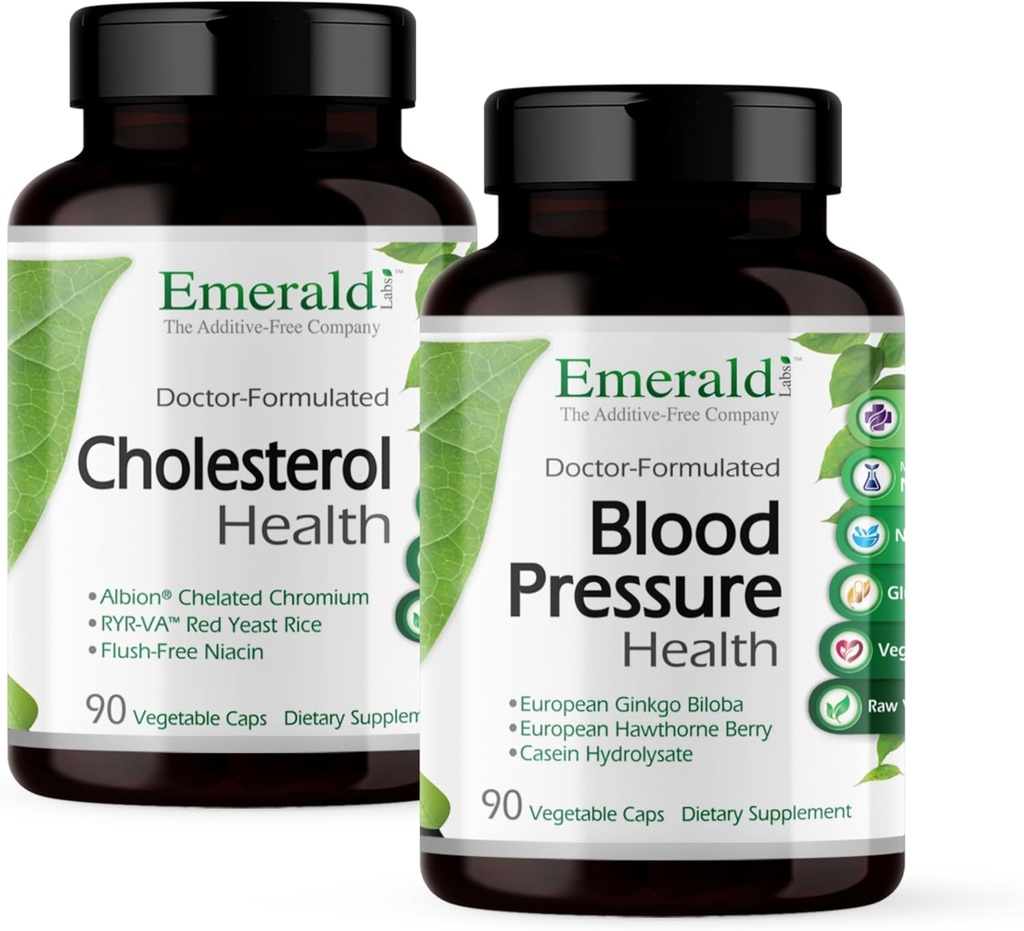 EMRALD LABS Cholesterol Zdrowie (90 Czapki) i ciśnienie krwi Zdrowie (90 Czapki) - Wsparcie serca i układu krążenia - Wsparcie poziomu ciśnienia krwi w normalnym zakresie - Bezglutenowe - 30-Day Supply