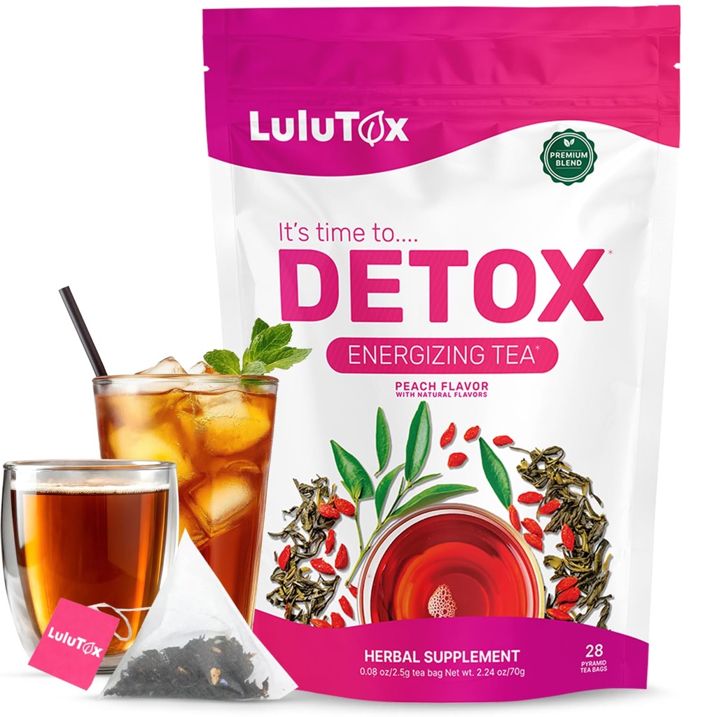 LULUTOX Detox Tea - Slimming Tea z Dandelion i Ginseng do celów wsparcia dla detox Cleanse, płaski brzuch, wzdęcia, Zdrowa waga i zdrowie pokarmowe - Kobiety i mężczyźni - Peach Flavor (28 Słupki)