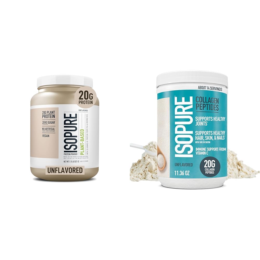 Paleta Izopury Nieflawored Organic Vegan Pea Protein Powder, Wolny mleczny z Amino Kwasy, 20 Słupki + Izopura Kolagen Peptydy Proszek, 14 Słupki, Nieflawored, Witamina C, z Biotin
