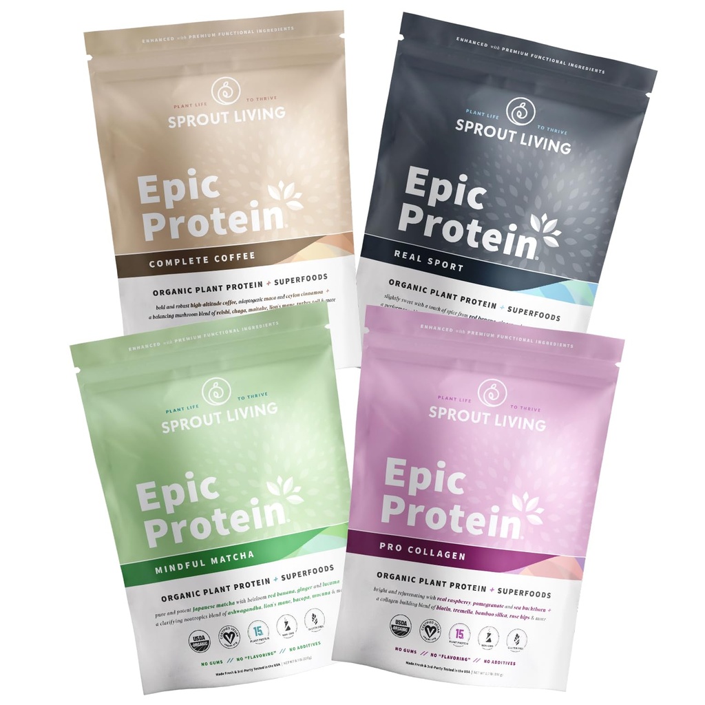 Sprout Living, Epic Protein Pro Collagen, Mindful Matcha, Real Sport i kompletna kawa, 12 Służenia