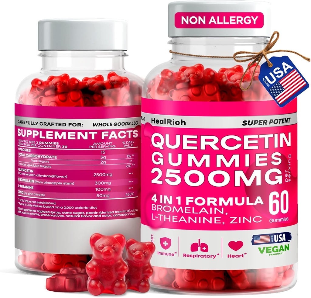 Quercetin Gummies - 2500MG Quercetin z Bromelain L- theanine & Cynk - Czysty suplement do systemu immunologicznego Lung i wsparcia alergii - Immunitet Booster Vegan Suplementy dla dzieci i dorosłych - Made in USA