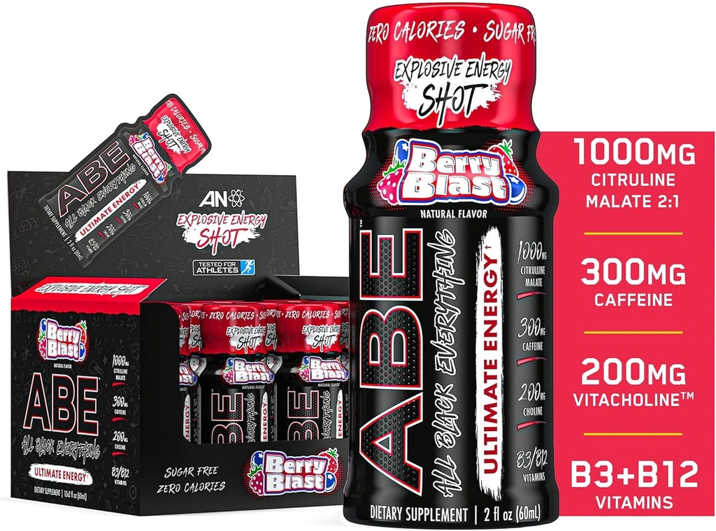 Wszystkie Black Everything Energy Shots: 124; 12 Pack: 124; 300 mg Capine: 124; Berry Blast: 124; Zero Sugar: 124; Energy Focus Supplement: 124; Nootropic Blend for Gym or Work