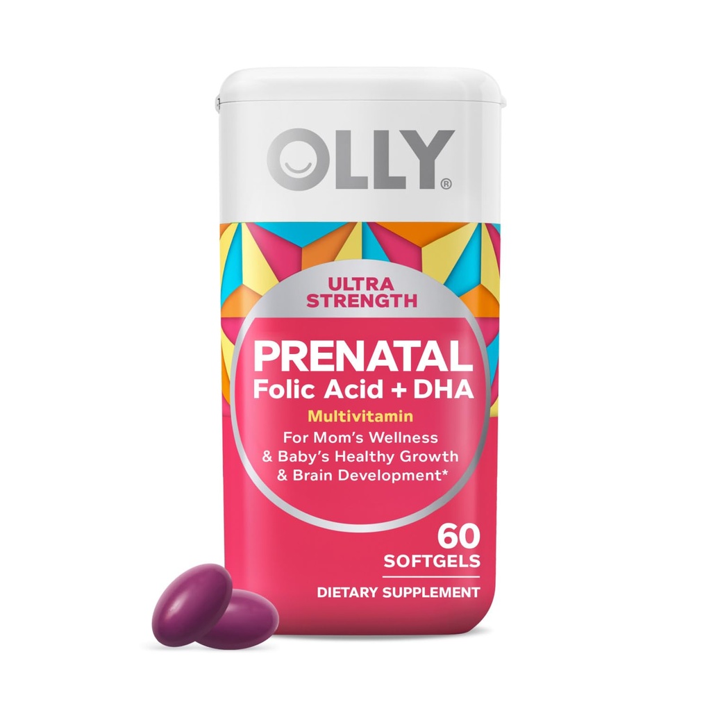 OLLY Ultra Siła Prenatal Multivitamin Softgels, Wspiera zdrowy wzrost, Rozwój mózgu, Żelazko, Kwas foliowy, DHA, Witaminy C, E, 30 Day Suppli- 60