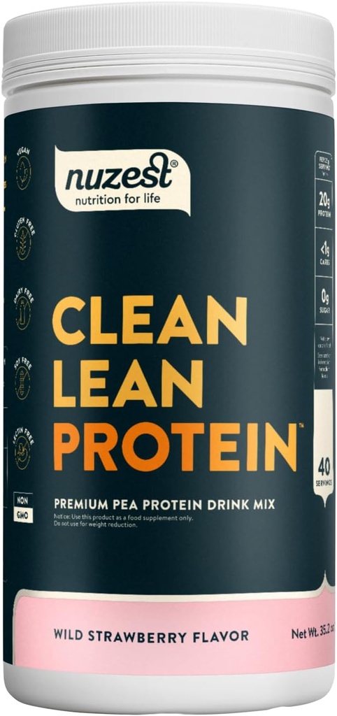 Nuzest - Proszek z protein grochowych - Białko o czystej barwie, Proszek z białka bazującego na roślinach wegetariańskich Premium, Bezmleczny, Bez glutenu, Bez GMO, Naturalnie Sweetened, Dzika Truskawka, 40 Służenie, 2.2 lb