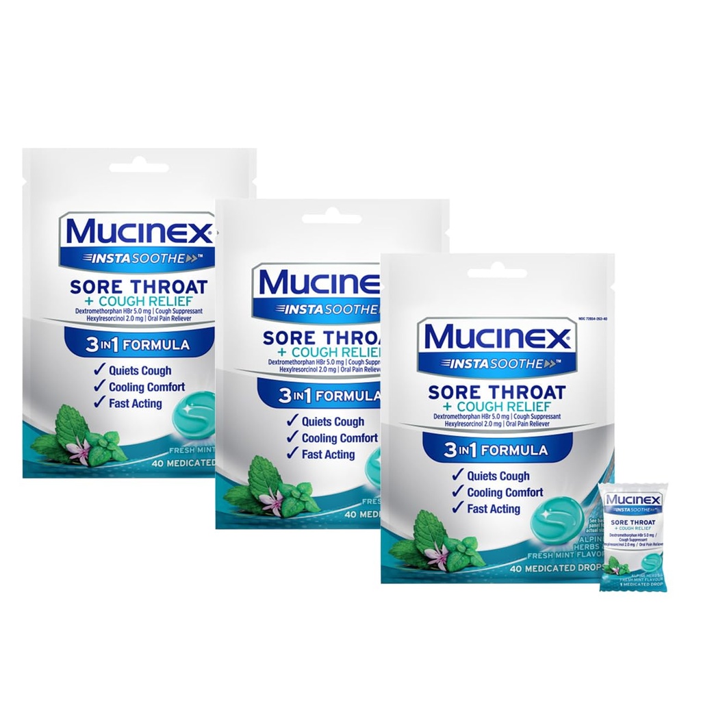Mucinex Instasoothe Sore Throat + Cough Relief Alpine Herbs & Mint Flavor, Szybkie aktorstwo, Cooling Comfort, Potężny ból gardła Oralny Reliever, 40 Krople medyczne (40 Count (Pack of 3))