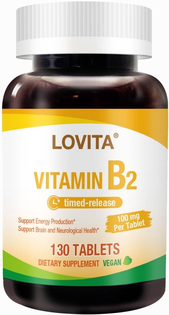 Lovita Witamina B2 (Riboflavin) 100 mg, Timed Release, 8 Hours Trwała, Wsparcie metabolizmu i Nerwy Zdrowie, 130 Vegan Tablet