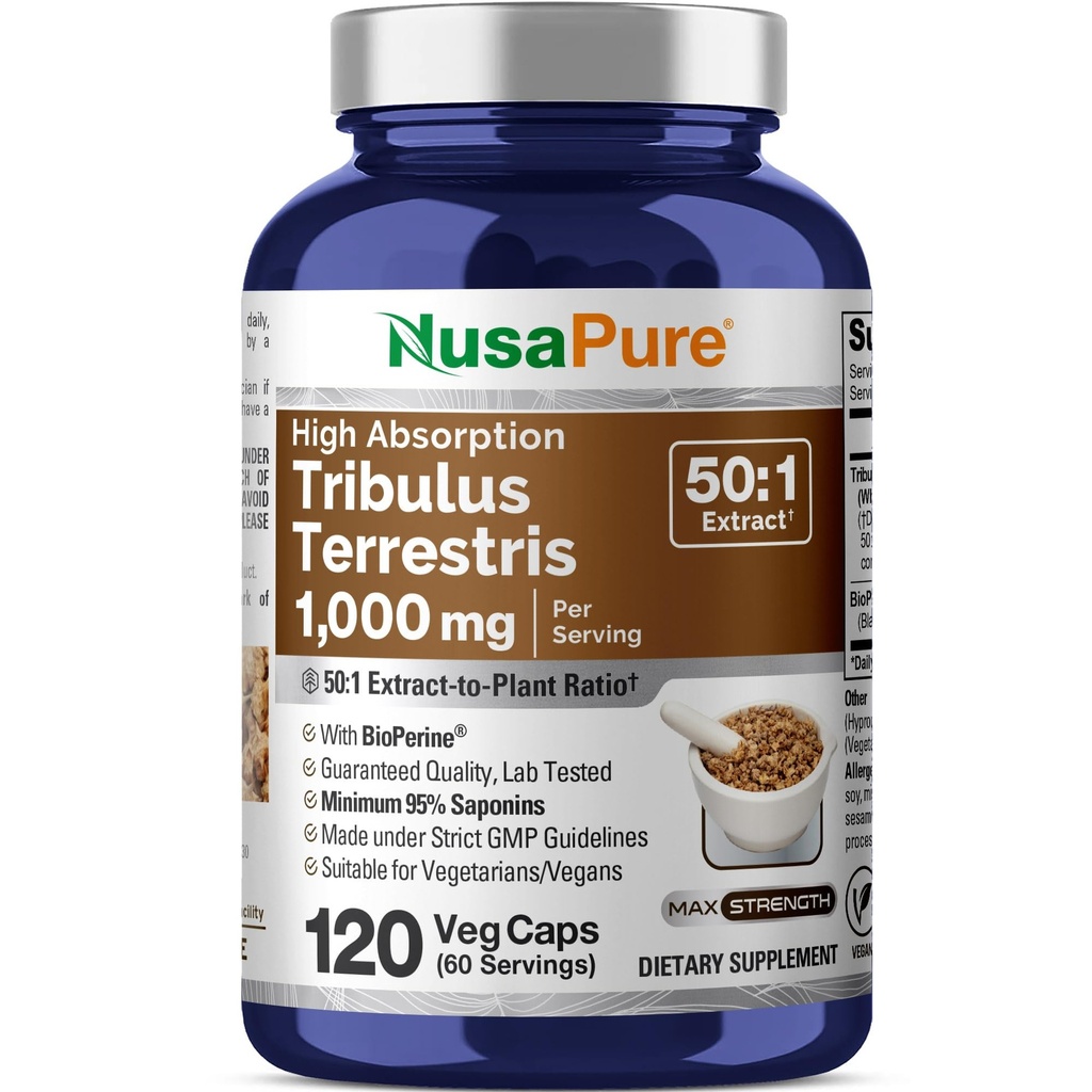 NusaPure Tribulus Terrestris 50: 1 Extract, 1000 mg Equivalent to 50,000mg Signature 124; 120 Veggie Caps Signature 124; 95% Sterydów Saponiny 124; Non-GMO, Bioperine