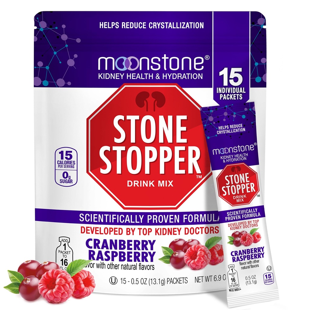 Moonstone Stone Stopper Drink Mix, Malina żurawinowa, Zapobieganie kamiennej nerki, Oszałamiający Ochraniacz Wapnia, opracowany przez urologów w celu poprawy nawodnienia i wsparcia zdrowia nerek, 15 Day Supply