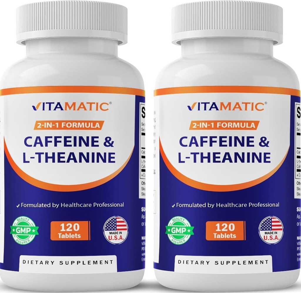 Vitamatic Cafeline Pigułki z L- Theanine - 300 mg na tabletkę - 120 Tabletki wegetariańskie (Opakowanie po 2, Razem 240 Tabletki)