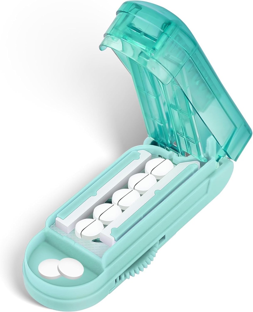 DUBSTAR Pill Cutter Splitter dla małych i małych tabletek, mnogie szczypce do piór dla małych lub dużych tabletek, Regulowany Pill Splitter z urządzeniem i Blade Guard dla wielu tabletów (Cyan)