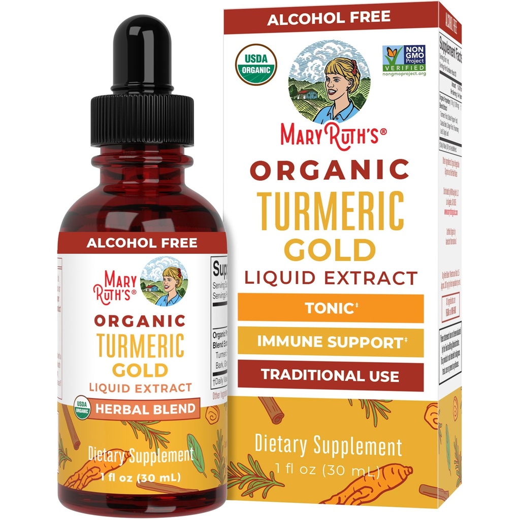 MaryRuth Organics USDA Turmeric Gold Liquid Drops 124; Herbal Blend 124; Turmeric Curcumina 124; Black Pepper Britts 124; Cassia Cinnamon Bark Brittany 124; Ginger Root 124; Immune Support Britts 124; Non-GMO Project Verified Britting 124; Vegan Brittany 124; 1oz