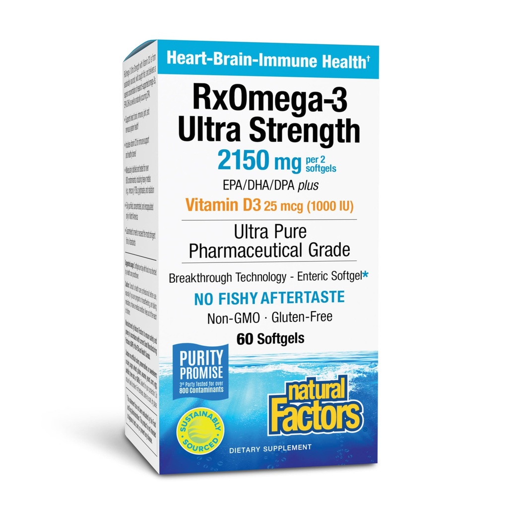 Naturalne czynniki RxOmega-3 Ultra Siła - Suplement diety dla wsparcia zdrowia mózgu i serca - Suplement do zdrowia oczu z EPA & DHA - Suplement z Omega-3 Kwasy tłuszczowe - 60 Softgels (30 Służenie)