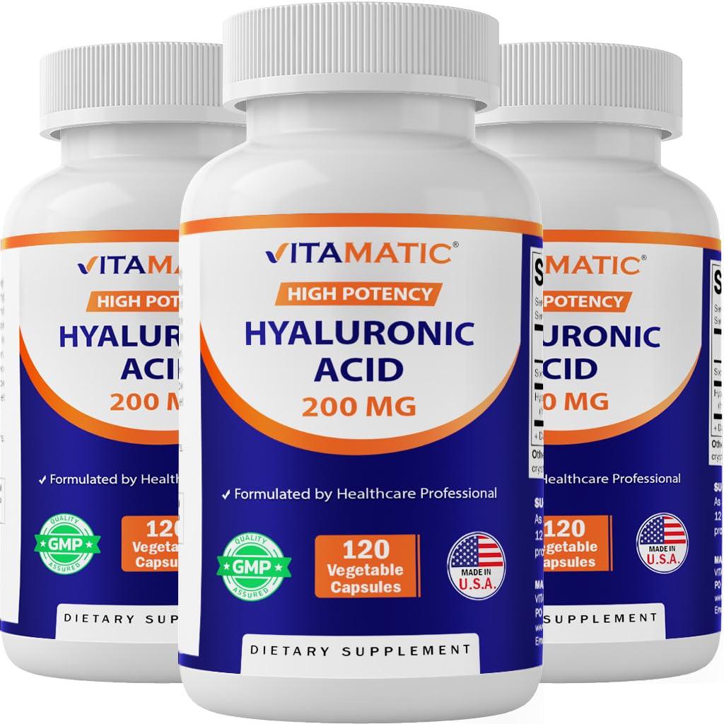 Vitamatic 3 Pack Hialuronic Acid Supplements 200mg - Wspiera zdrowe połączenie tkanek i połączeń - Promowanie młodzieńczej zdrowej skóry - Razem 360 Kapsułki