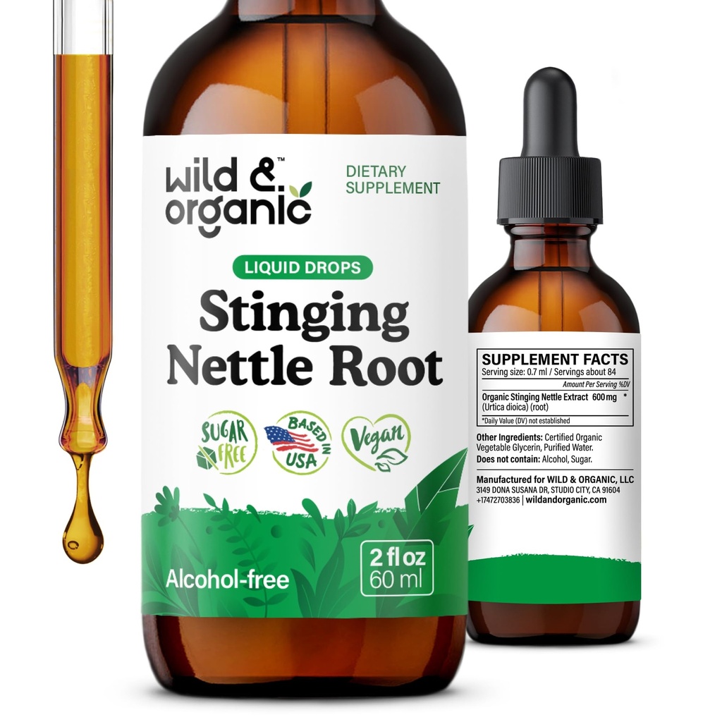 Wild & Organic Stinging Nettle Root Drops - Stinging Nettle Extract Tincture for Men & Women - Liquid Urtica Dioica Supplement - Vegan, Sugar & Alcohol- Free - 2 fl oz