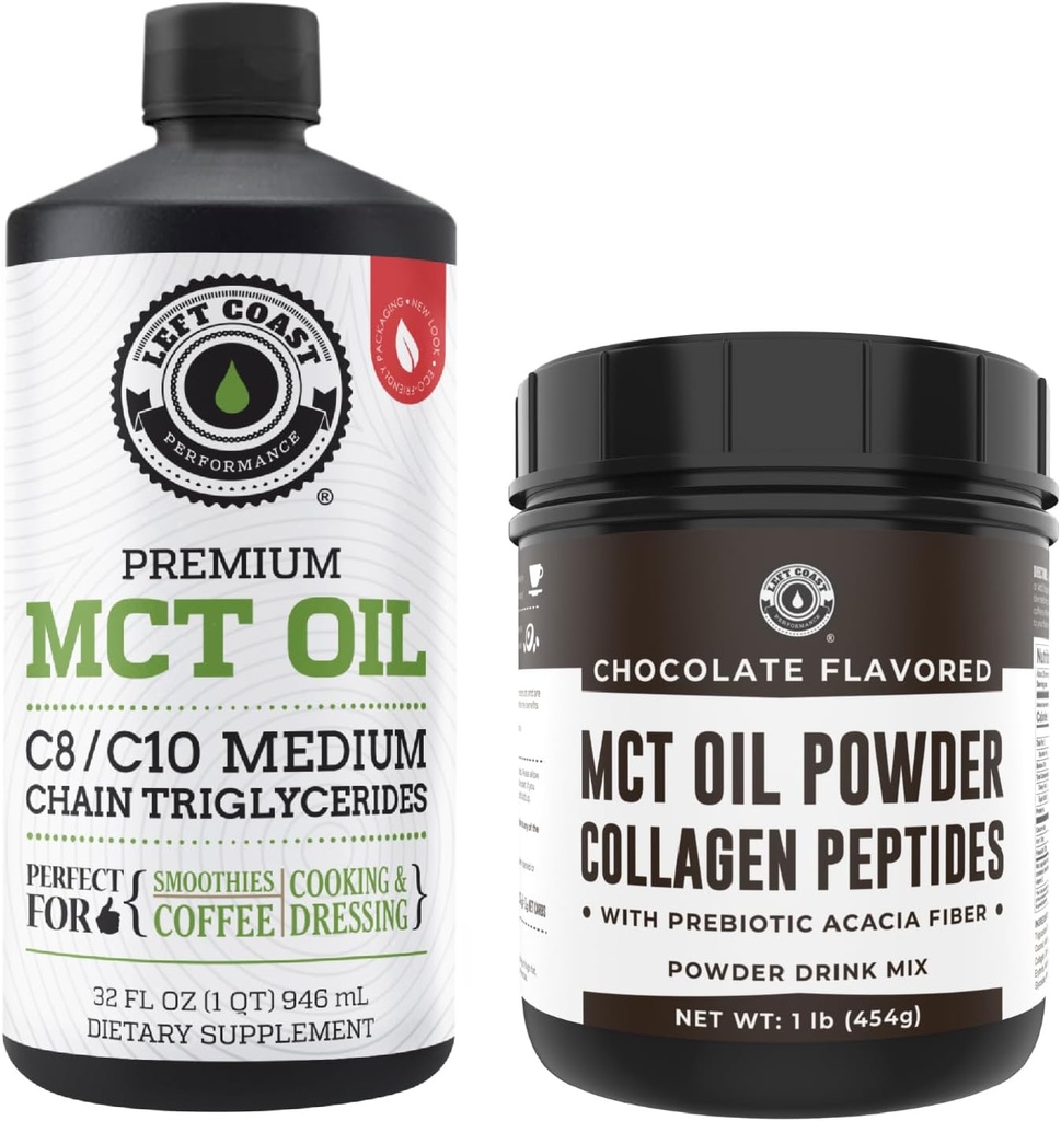 Wydajność lewego wybrzeża 100% oleju kokosowego MCT, 32oz + czekolada Keto MCT Proszek, Kolagen i włókna prebiotyczne, 16oz