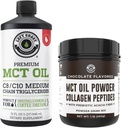 Wydajność lewego wybrzeża 100% oleju kokosowego MCT, 32oz + czekolada Keto MCT Proszek, Kolagen i włókna prebiotyczne, 16oz