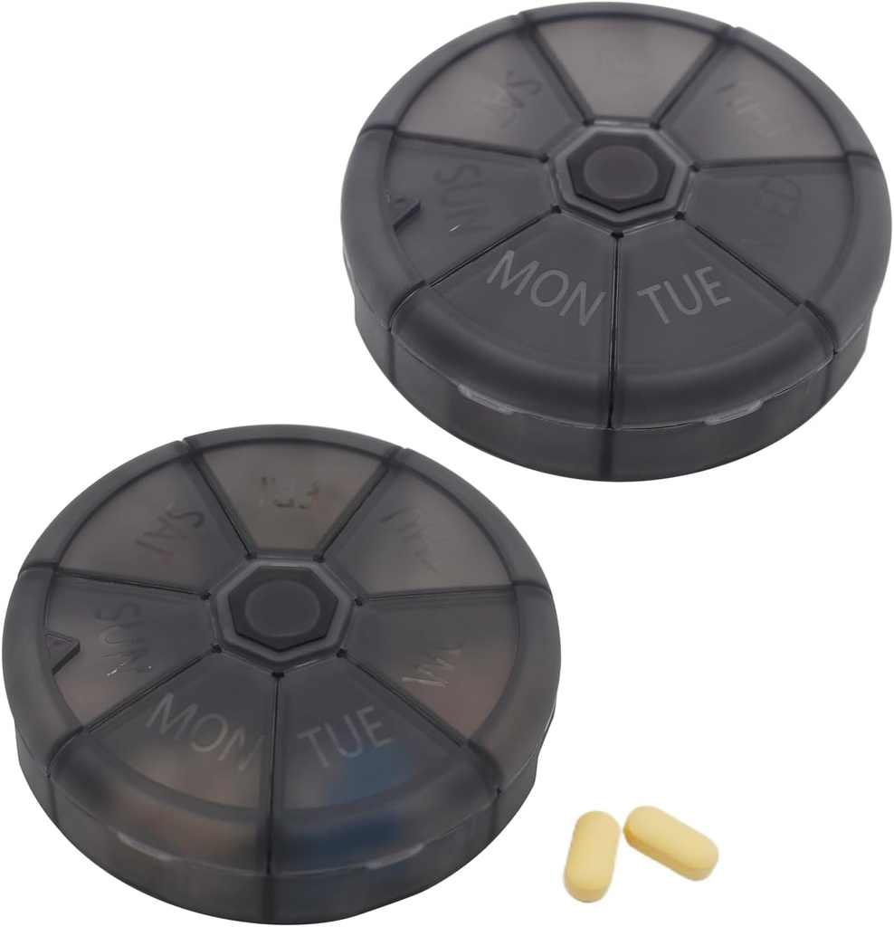 Portable Cotygodniowy Pill Organizator 7 Dzień Pili Kontener, Okrągłe Pill Case Travel Friendly, Codzienne Tydzień Pill Reminder Case, BPA- Witamina wolna, Suplement, Olej rybny, Planer leków (czarny)