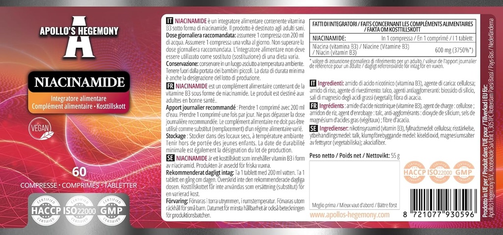 APOLLO 'S HEGEMONY Niacynamid 500 mg na tabletkę - 60 tabletek wegańskich - 2 miesięczne dostawy - Wspomaga energię i funkcje nerwowe - suplement diety witaminy B3