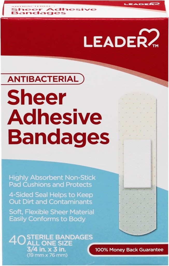 Sterylne bandaże kleju LEADER Sheer, Latex Free, Miesza się ze skórą, Pomaga zapobiegać infekcji, Komfortowa ochrona pierwszej pomocy i opieki nad ranami (3 / 4 "x 3", 40 Count)