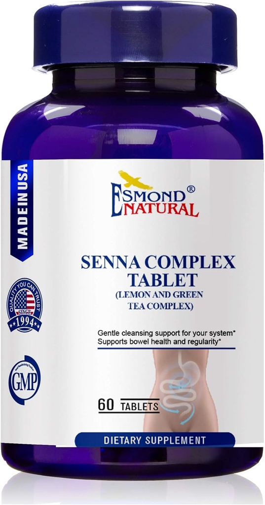 (3 Pack) Esmond Natural: Senna Complex Tablet - Lemon & Green Tea (Bowel Health, Cleansing & Regularność), GMP, Natural Product Assn Certified, Made in USA - 620mg, 180 Tablets