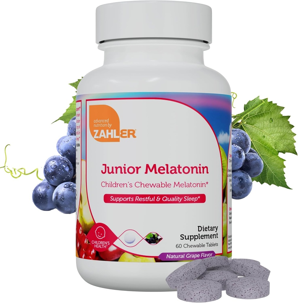Zahler Junior Melatonin, Natural Grape, 60 tabletek do żucia (1 mg na tabletkę)