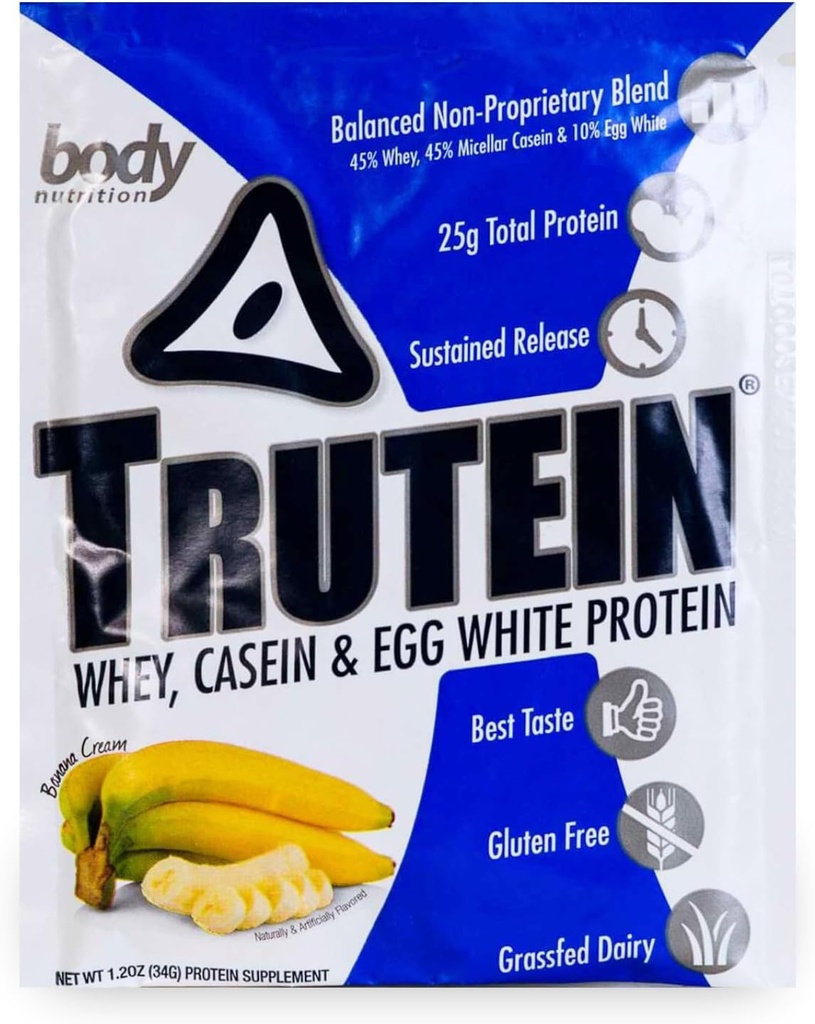 Body Nutrition Truteina Wysoki poziom białka Proszek: 45% Serwatka, 45% Kazeina, 10% Jajko białe, Bezglutenowe, Niski Sodu, Pasza trawiasta Białko serwatki Proszek, Suplement gimnastyczny i śniadanie Shake, Banan Cream, 34g Próbka