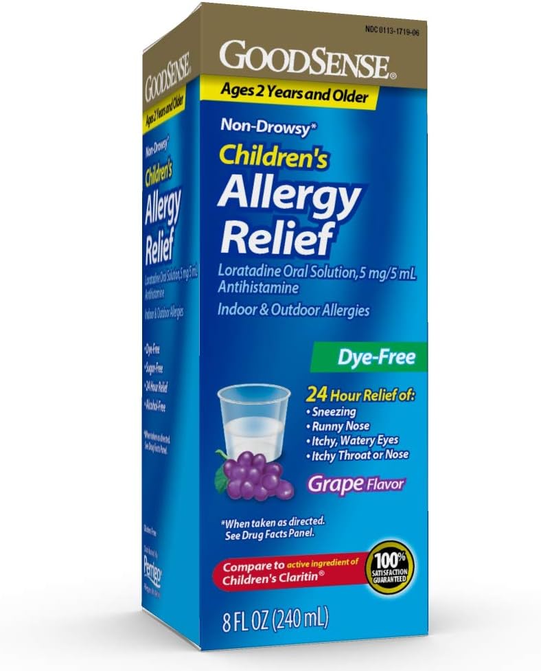 GoodSense Children 's Alergy Medicine, 24 Hour Lorraine Oral Solution 5 mg / 5 ml, Dye- Free, Non- Drowsy Antihistamine, Grape Flavor, Ages 2 and Starder, 8 oz